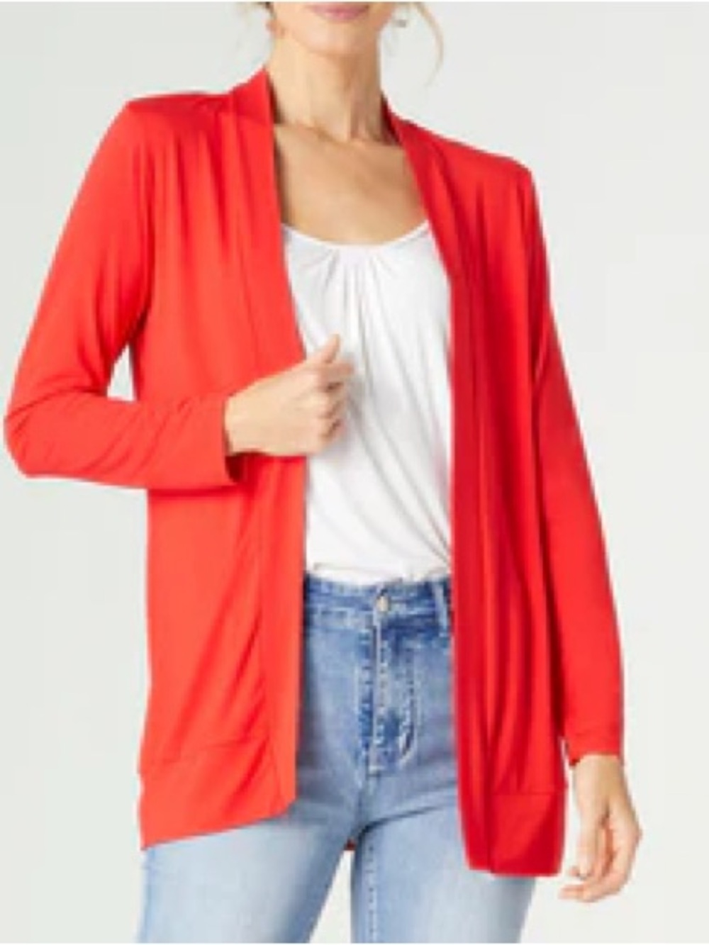 AUGUST SILK Cotton Modal Open-Front Coral Red Orange Thin Cardigan Sweater